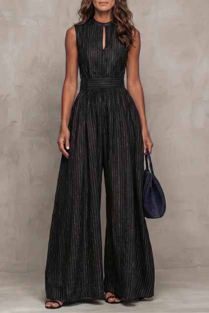 Phoebe | Wide-Leg Jumpsuit Navy Blue Striped Keyhole Sleeveless for Women