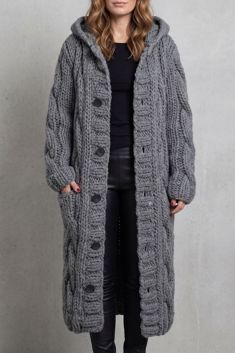 Phoebe | Maxi Hooded Cardigan Coat Blue Chunky Cable Knit Oversized for Women