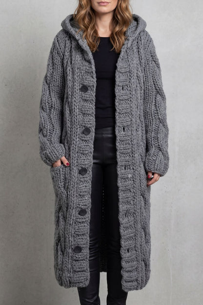 Phoebe | Maxi Hooded Cardigan Coat Blue Chunky Cable Knit Oversized for Women