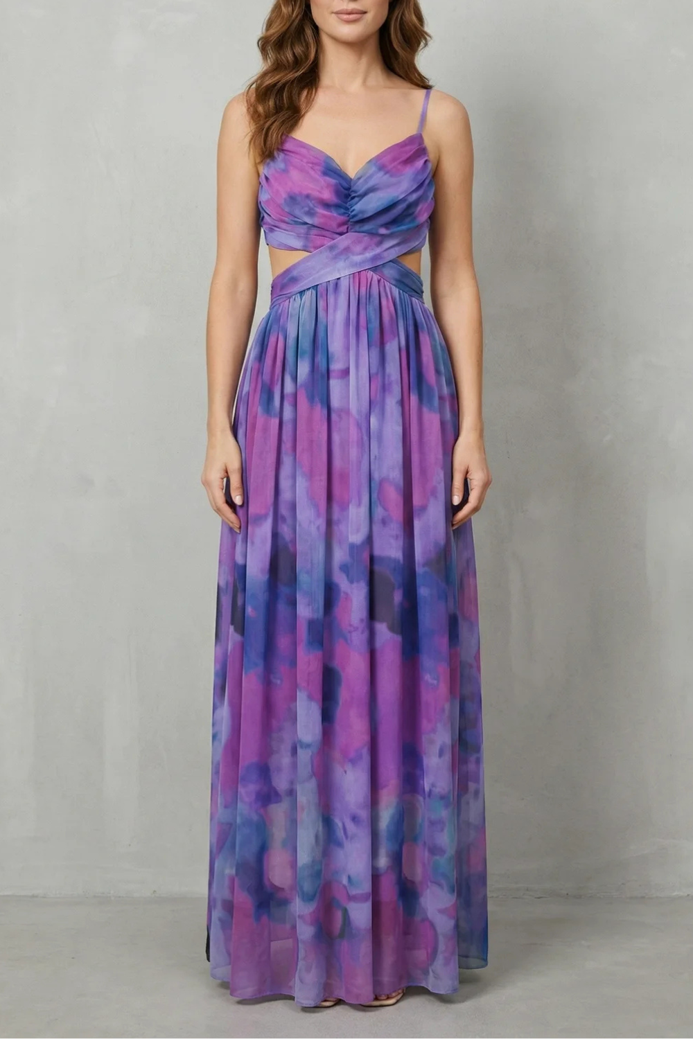 Florrie | Maxi Dress Multicolour Watercolour Tulle V-Neck for Women