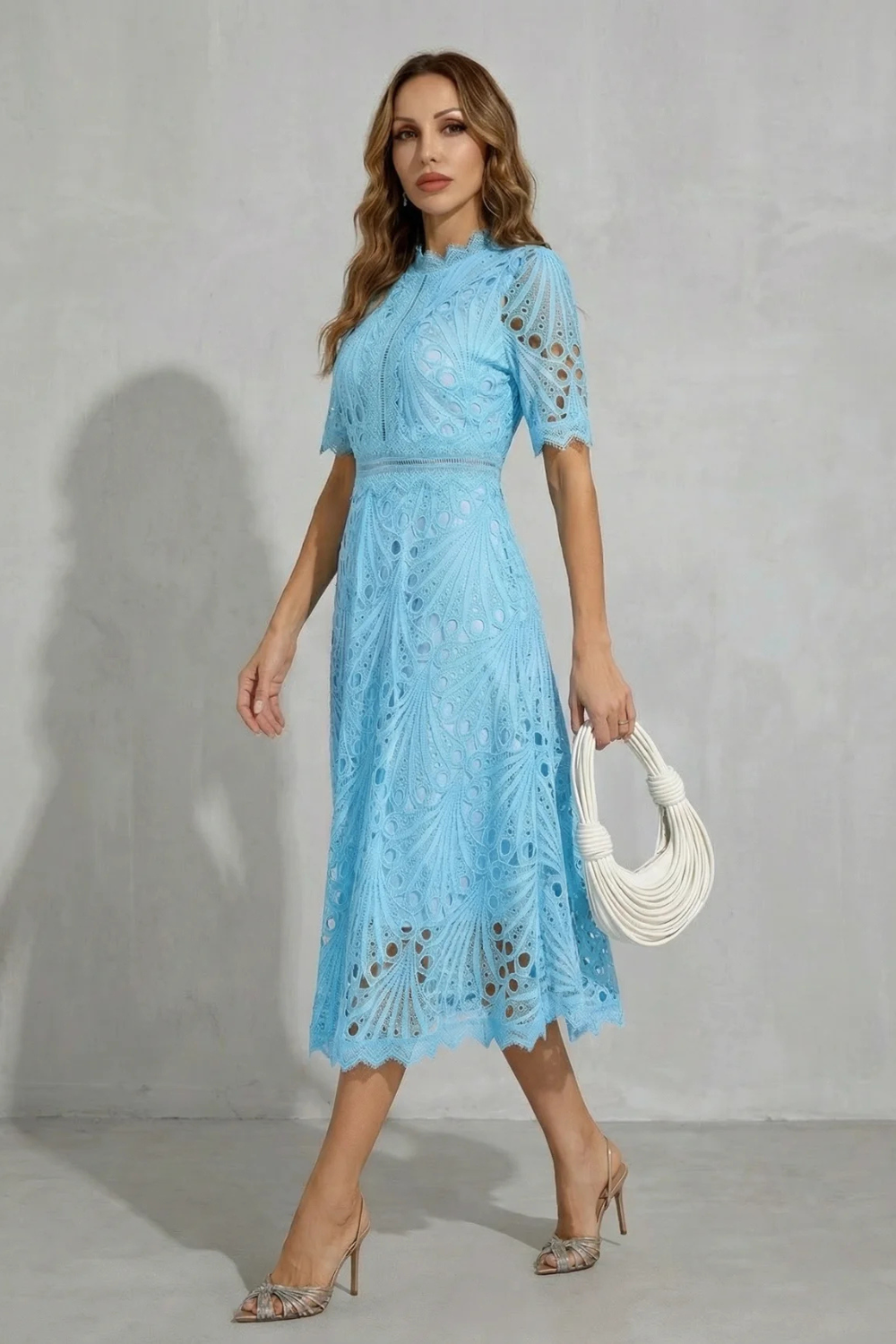 Phoebe | Midi Dress Hot Pink Lace High-Neck A-Line for Women