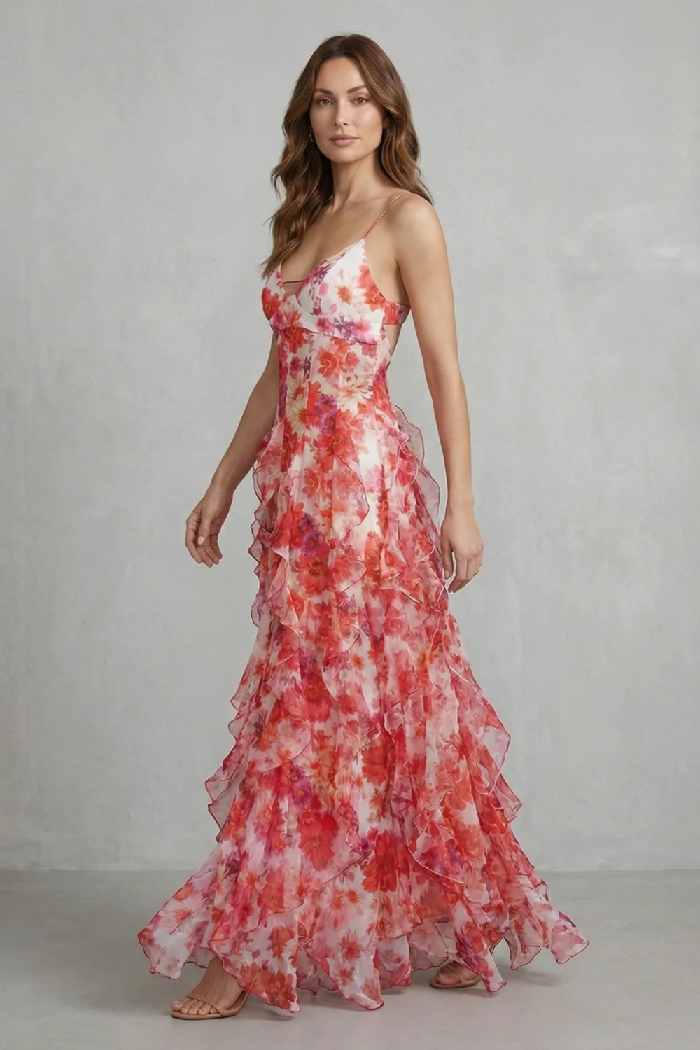 Rosalind | Maxi Dress Red Floral Chiffon Ruffle Spaghetti Strap for Women