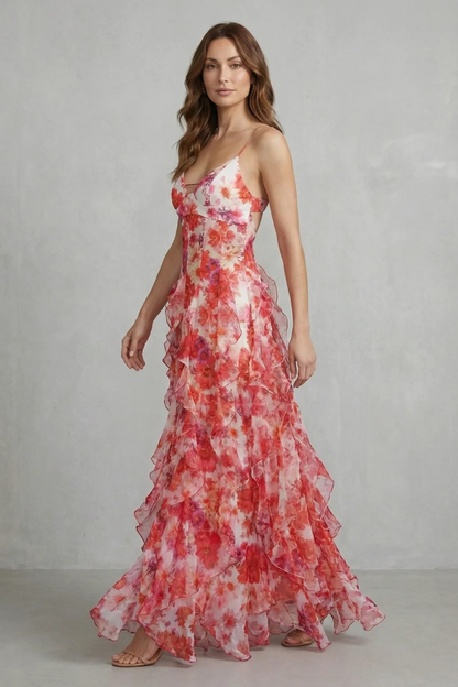 Rosalind | Maxi Dress Red Floral Chiffon Ruffle Spaghetti Strap for Women