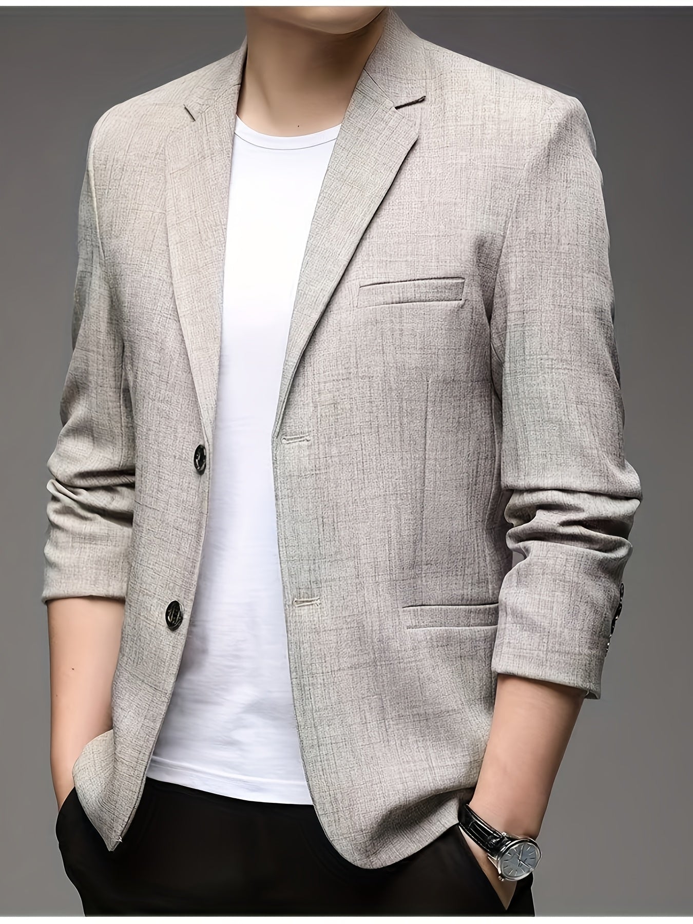 Monty | Blazer Beige Linen-Look Textured Single-Breasted for Men