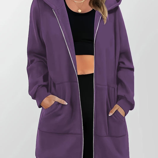 Kestrel | Longline Hooded Zip Jacket Purple Fleece for Women