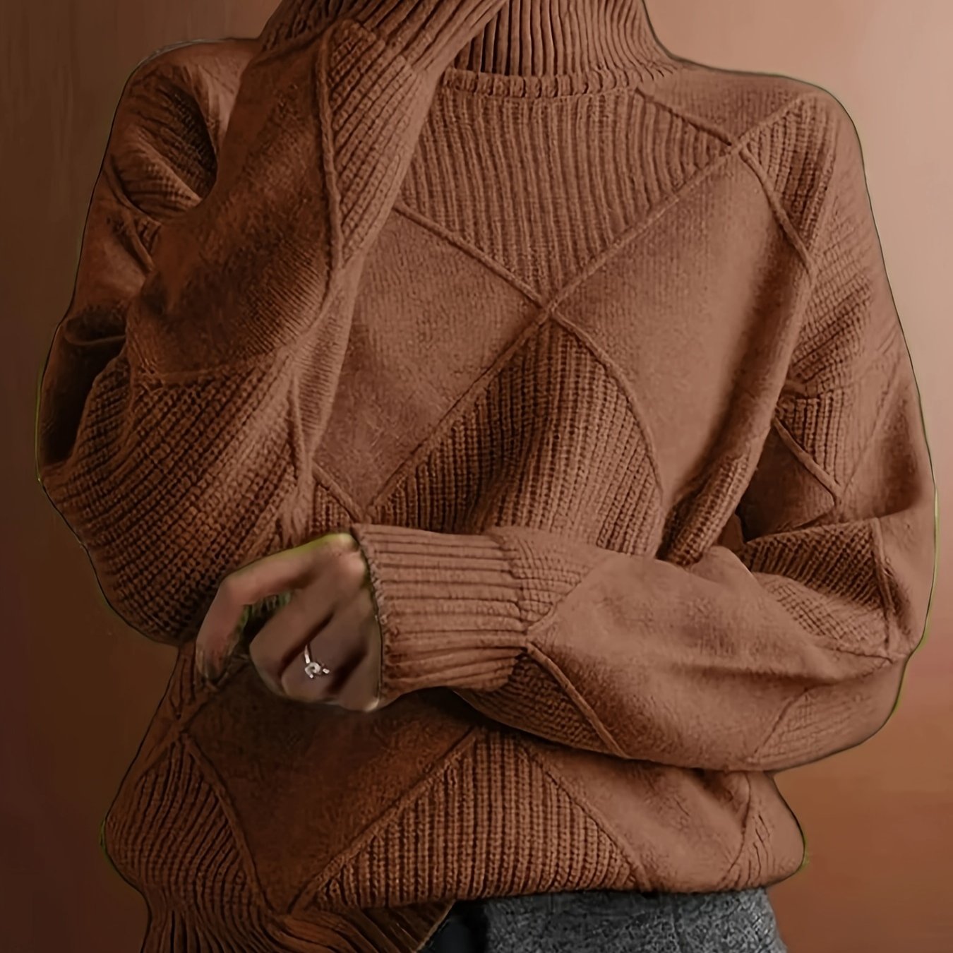 Hebe | Textured Turtleneck Sweater Green Diamond Knit for Women