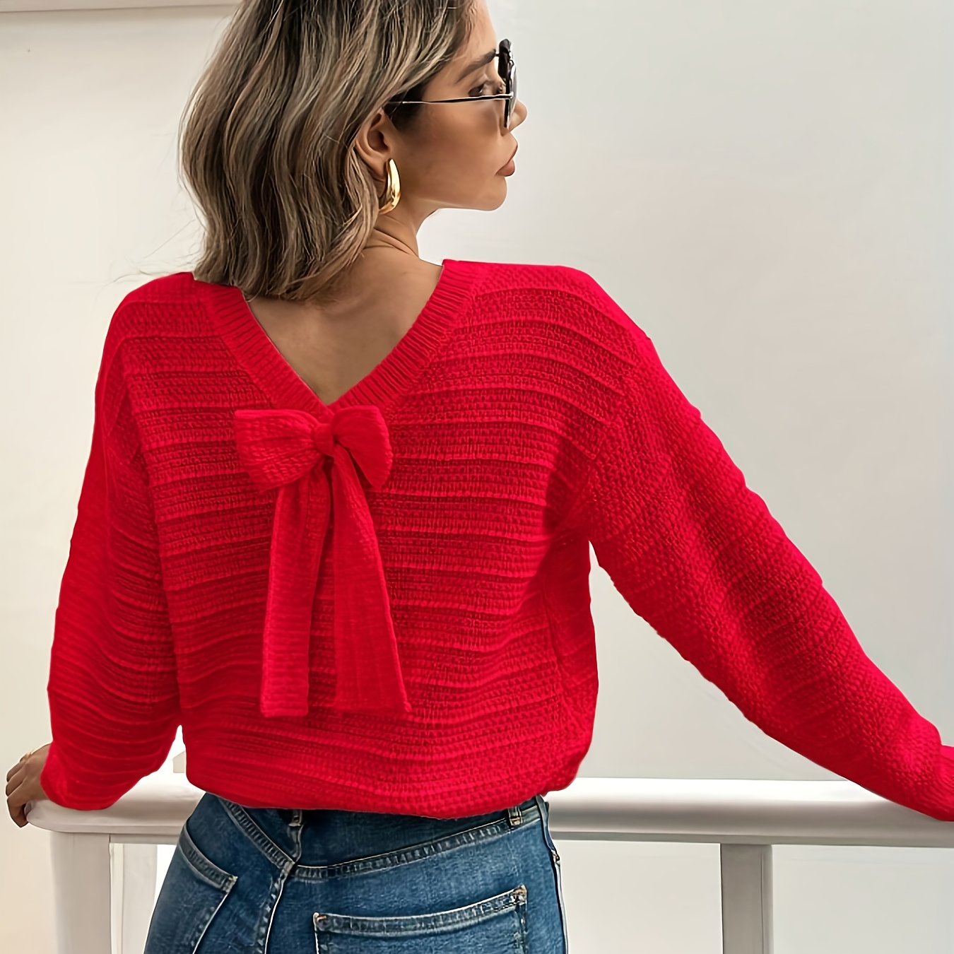 Oriana | Sweater Cream Ribbed Knit Bow-Tie Back for Women