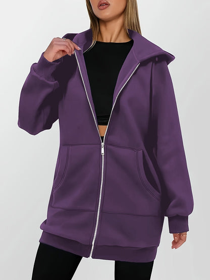 Kestrel | Longline Hooded Zip Jacket Purple Fleece for Women