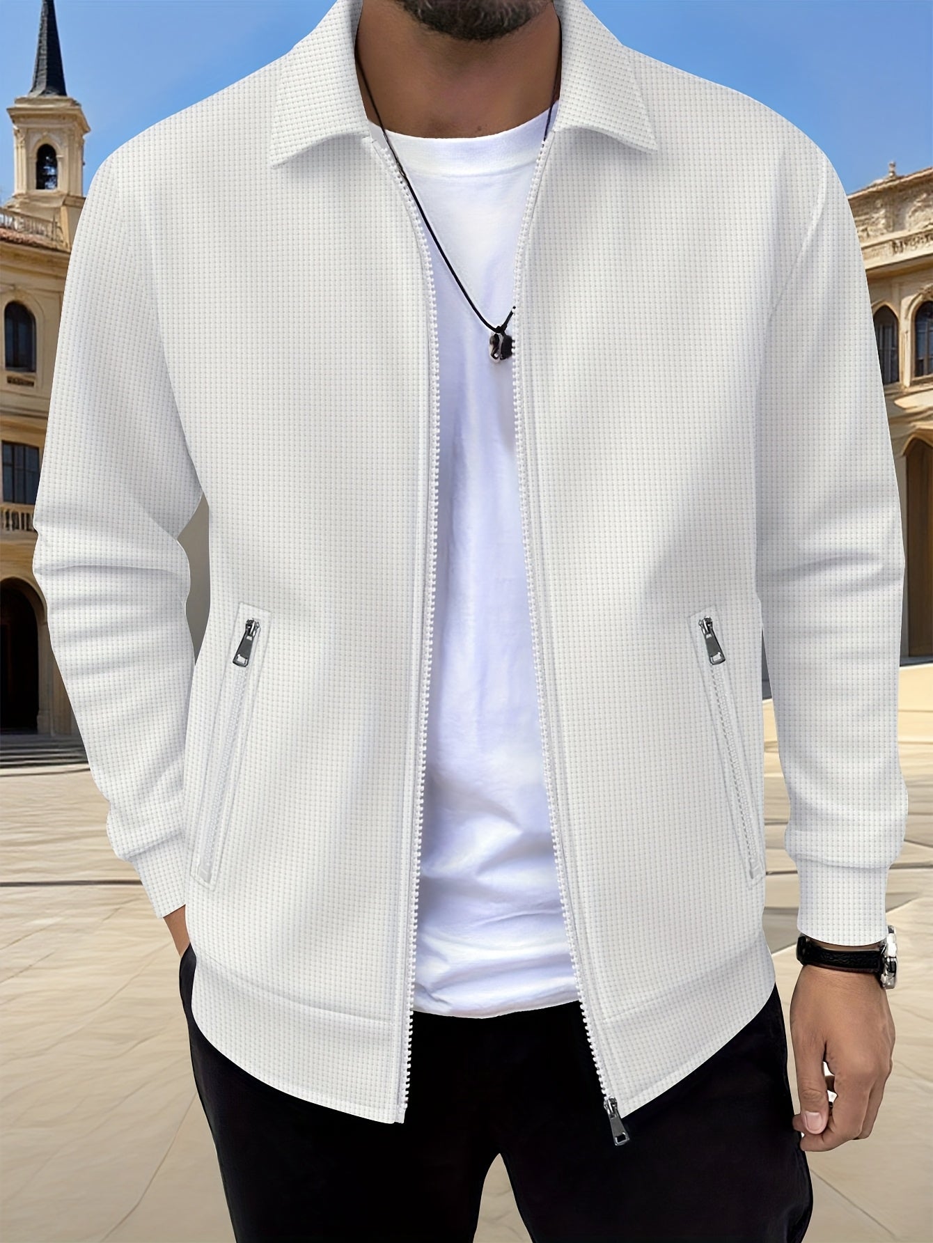 Lachlan | Zip-Up Jacket White Waffle Knit Collared for Men