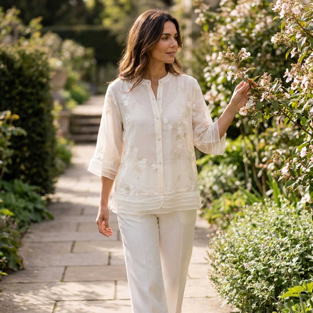 Philippa | Blouse Ivory Embroidered Organza 3/4 Sleeve for Women