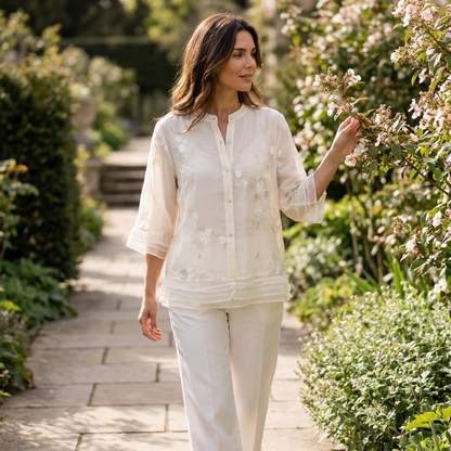 Philippa | Blouse Ivory Embroidered Organza 3/4 Sleeve for Women