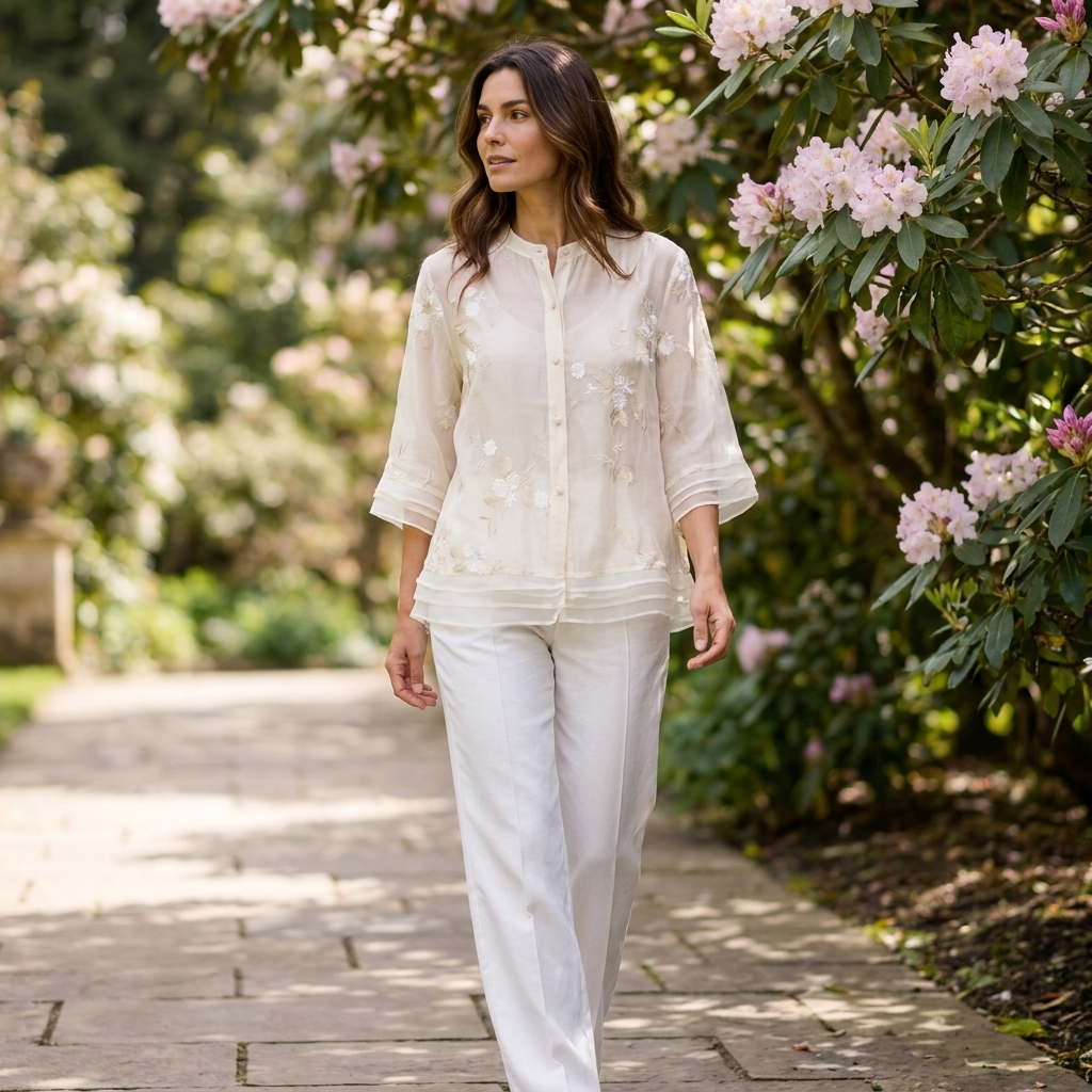 Philippa | Blouse Ivory Embroidered Organza 3/4 Sleeve for Women