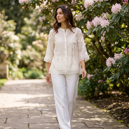 Philippa | Blouse Ivory Embroidered Organza 3/4 Sleeve for Women