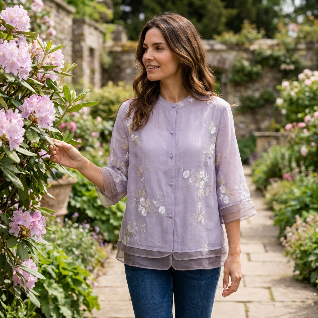 Philippa | Blouse Ivory Embroidered Organza 3/4 Sleeve for Women