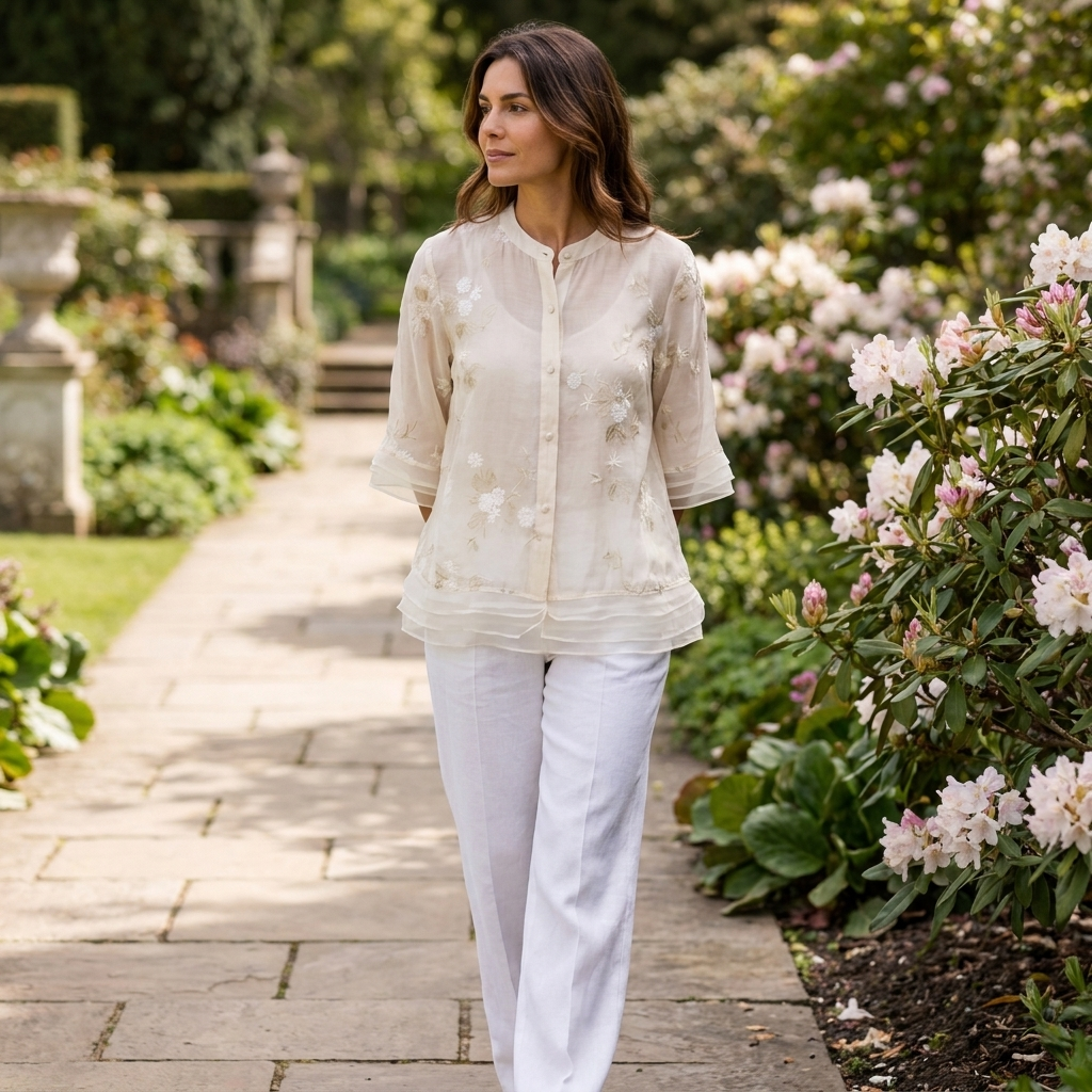 Philippa | Blouse Ivory Embroidered Organza 3/4 Sleeve for Women