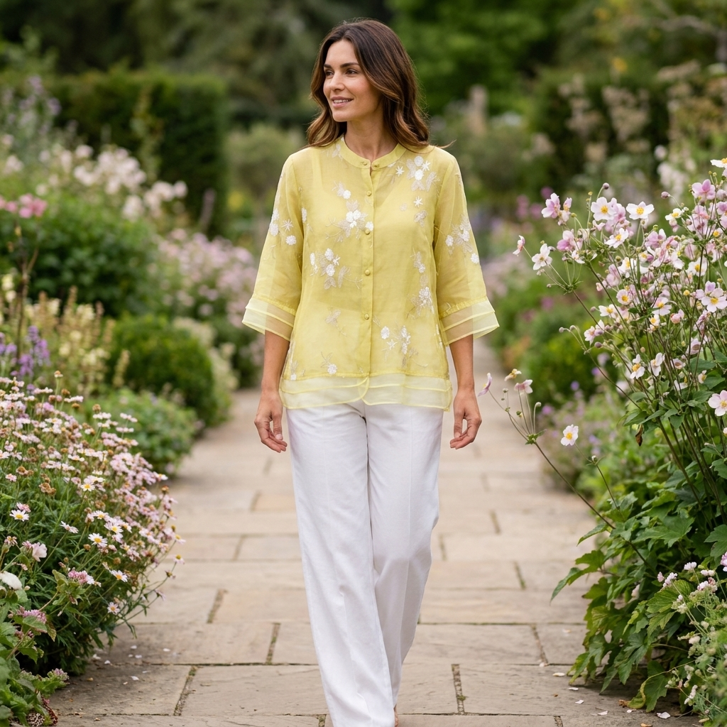 Philippa | Blouse Ivory Embroidered Organza 3/4 Sleeve for Women