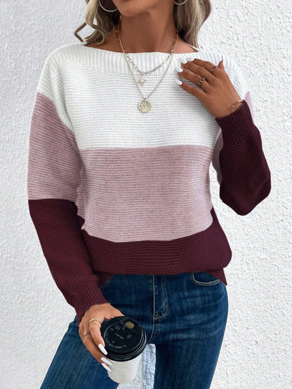 Lowri | Colour Block Sweater Green White Wool Blend Relaxed Fit for Women