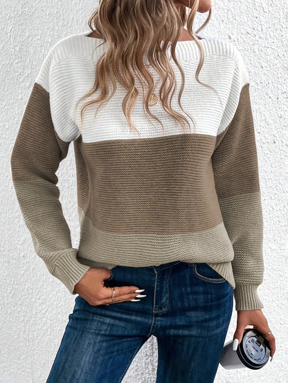 Lowri | Colour Block Sweater Green White Wool Blend Relaxed Fit for Women