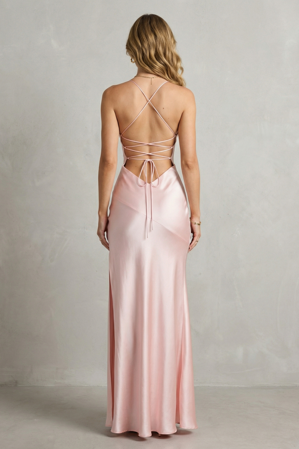 Phoebe | Maxi Party Dress Blush Pink Satin Sleeveless High Slit for Women