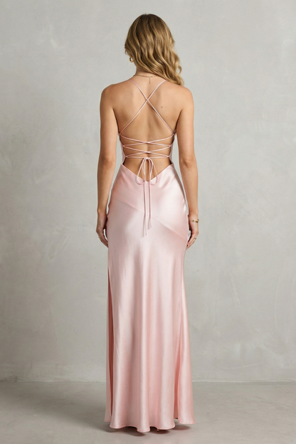 Phoebe | Maxi Party Dress Blush Pink Satin Sleeveless High Slit for Women