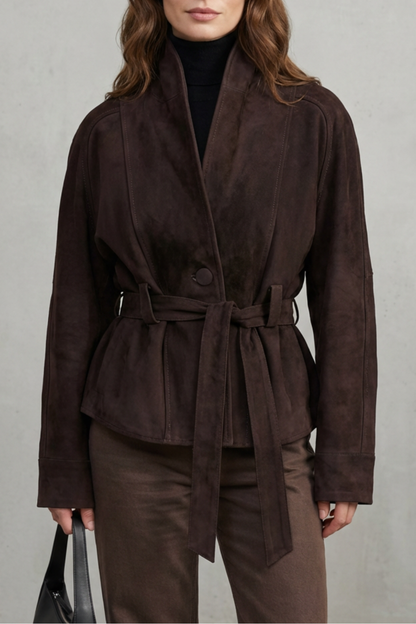 Harriet | Belted Jacket Dark Brown Suede Wrap-Style for Women