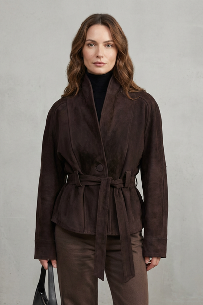 Harriet | Belted Jacket Dark Brown Suede Wrap-Style for Women