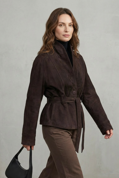 Harriet | Belted Jacket Dark Brown Suede Wrap-Style for Women