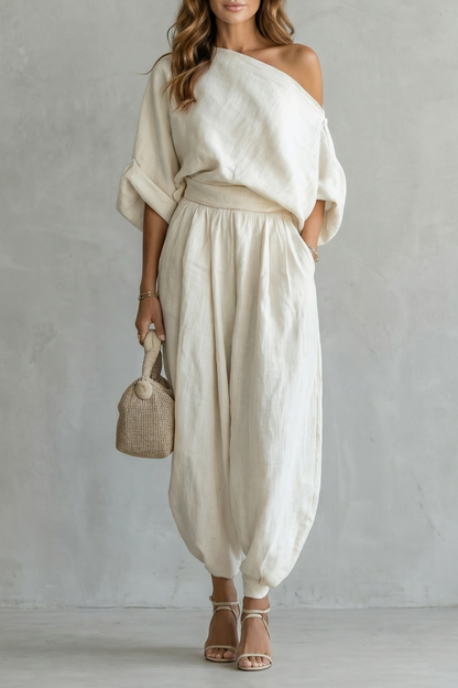 Araminta | Linen Two-Piece Set Cream Off-Shoulder Relaxed Fit for Women
