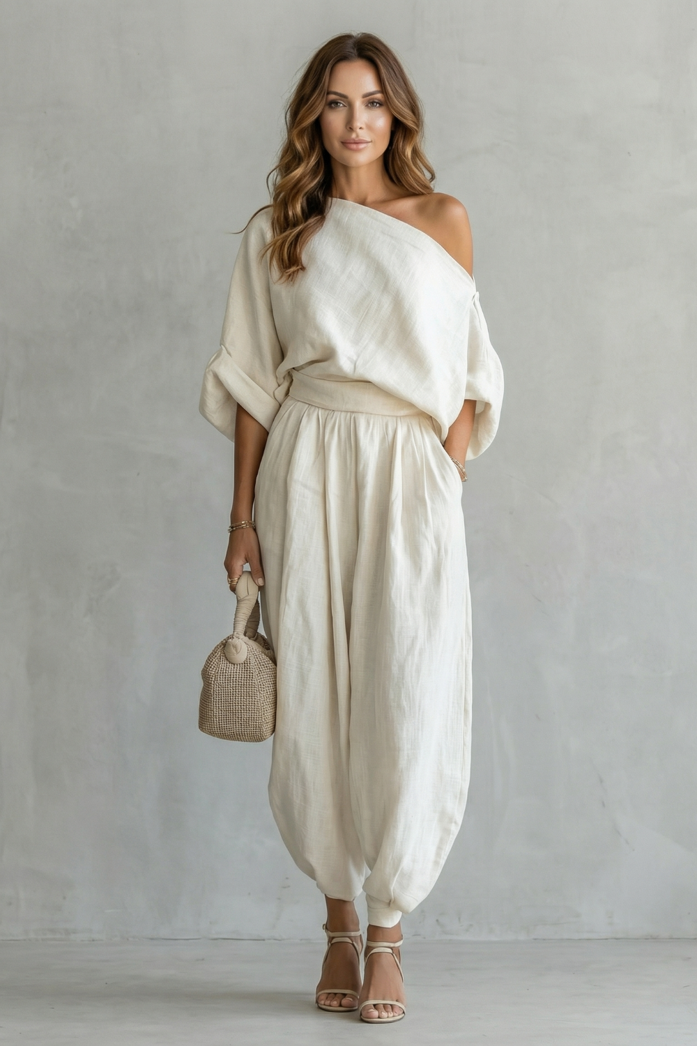 Araminta | Linen Two-Piece Set Cream Off-Shoulder Relaxed Fit for Women