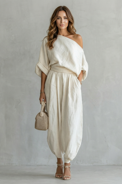 Araminta | Linen Two-Piece Set Cream Off-Shoulder Relaxed Fit for Women