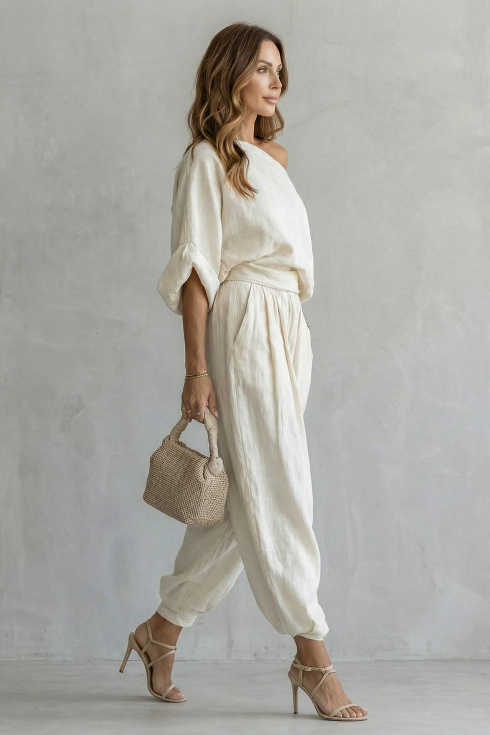 Araminta | Linen Two-Piece Set Cream Off-Shoulder Relaxed Fit for Women