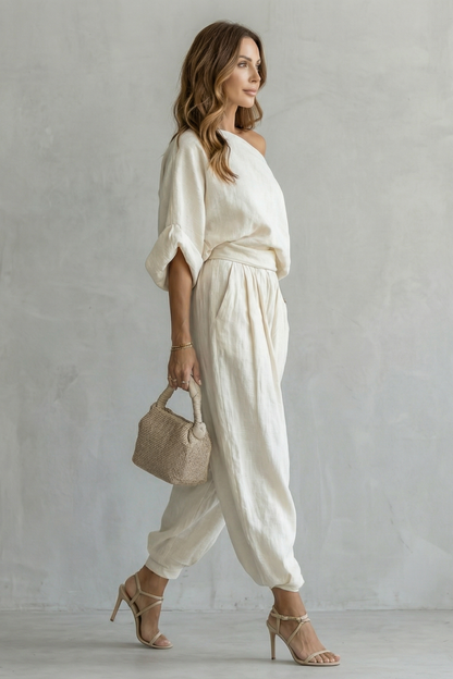 Araminta | Linen Two-Piece Set Cream Off-Shoulder Relaxed Fit for Women