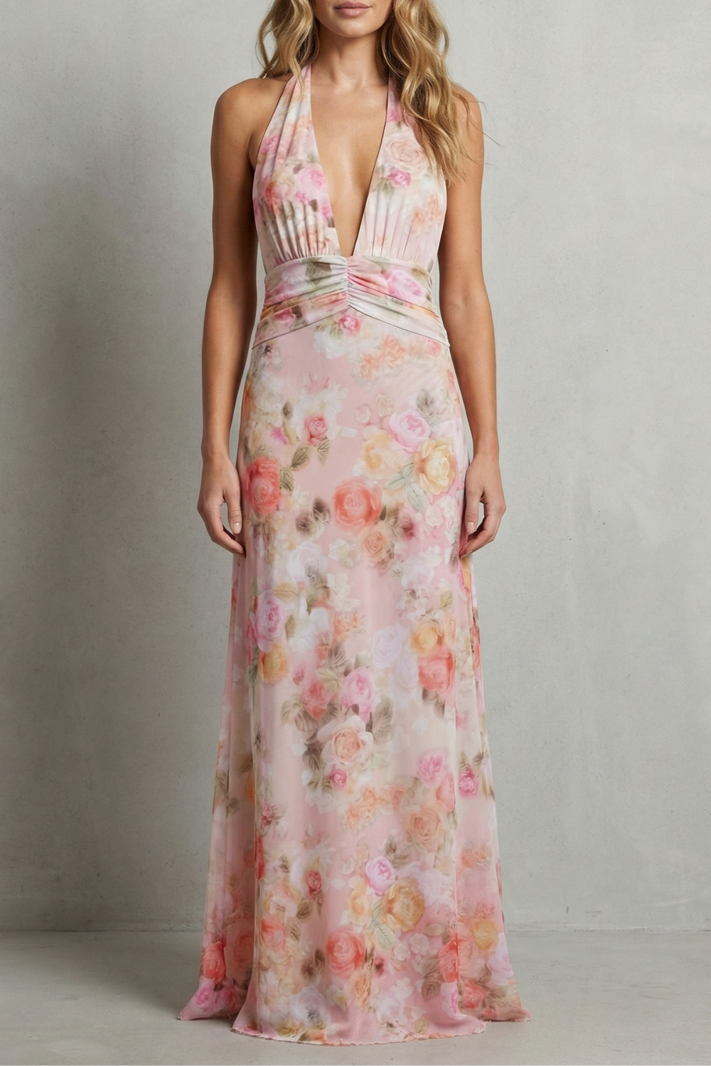 Rosalind | Maxi Dress Pink Floral Chiffon Deep V-Neck Halter for Women