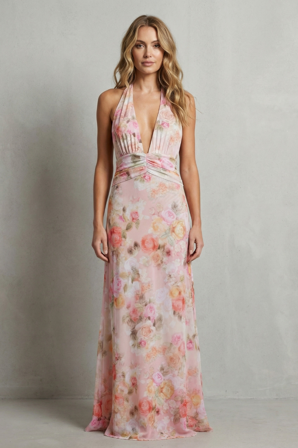 Rosalind | Maxi Dress Pink Floral Chiffon Deep V-Neck Halter for Women