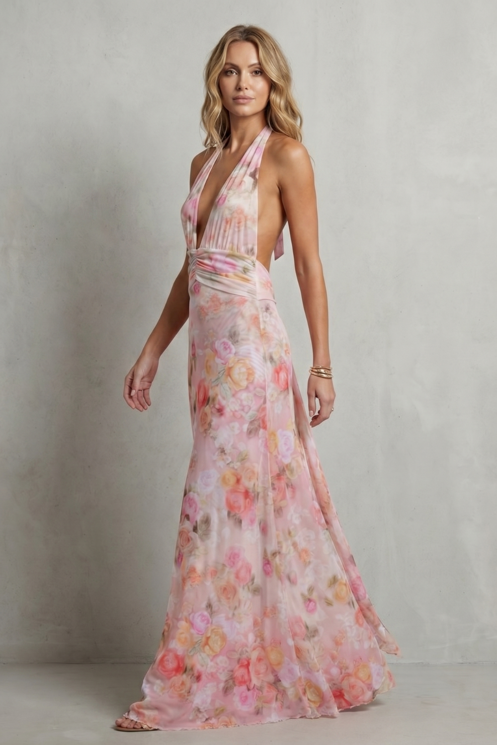Rosalind | Maxi Dress Pink Floral Chiffon Deep V-Neck Halter for Women