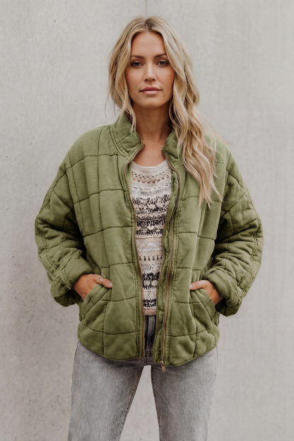 Evelina | Quilted Jacket Olive Green Oversized Zip-Up for Women