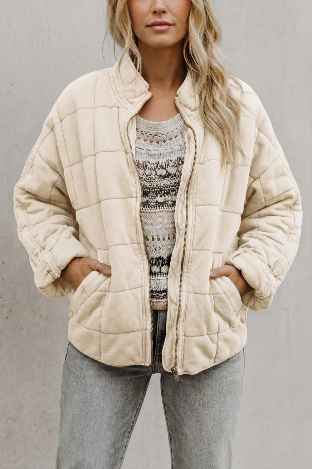 Evelina | Quilted Jacket Olive Green Oversized Zip-Up for Women