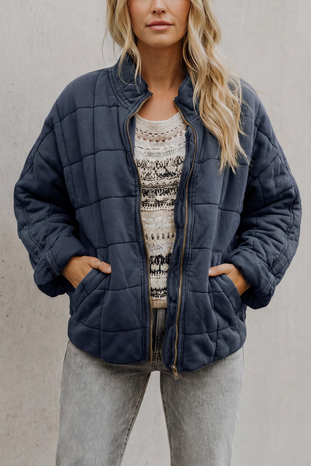 Evelina | Quilted Jacket Olive Green Oversized Zip-Up for Women