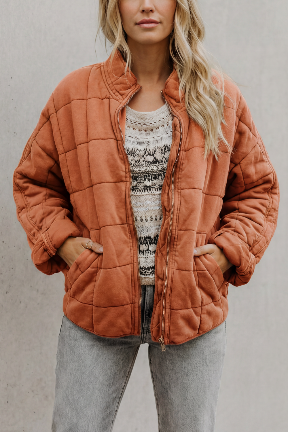 Evelina | Quilted Jacket Olive Green Oversized Zip-Up for Women