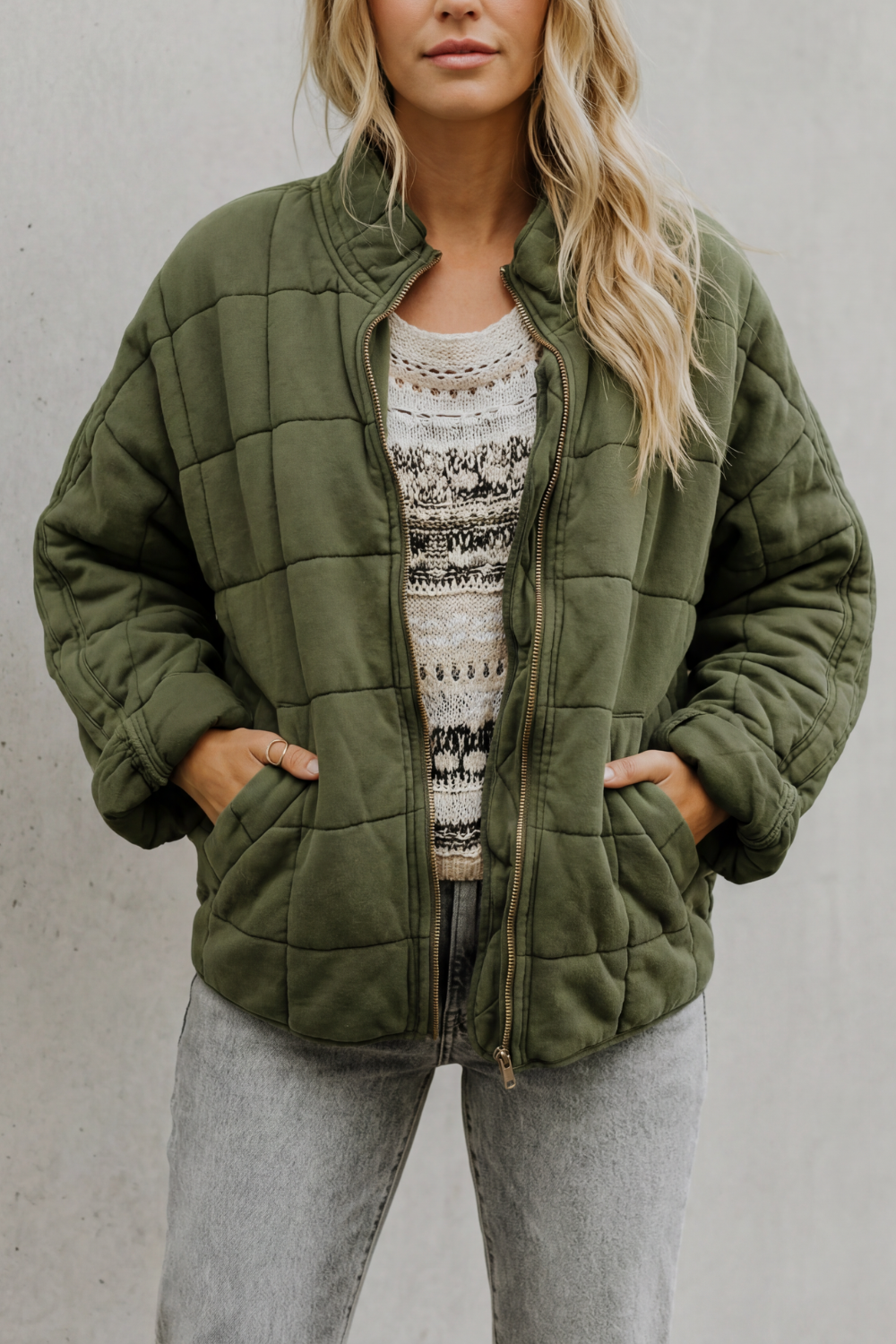 Evelina | Quilted Jacket Olive Green Oversized Zip-Up for Women