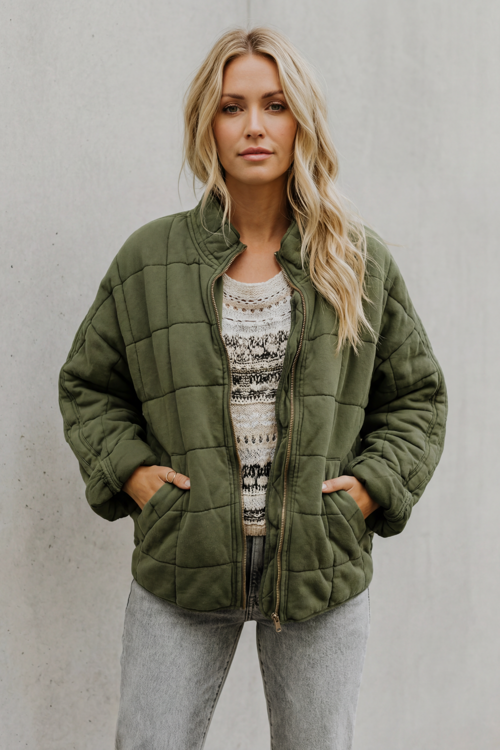 Evelina | Quilted Jacket Olive Green Oversized Zip-Up for Women
