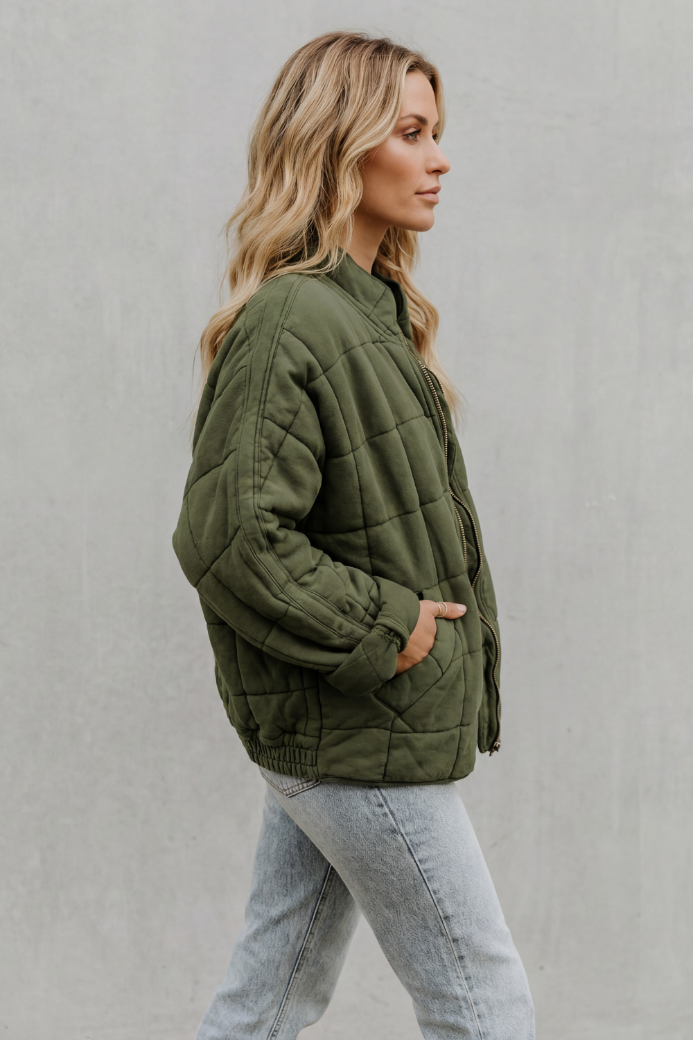 Evelina | Quilted Jacket Olive Green Oversized Zip-Up for Women