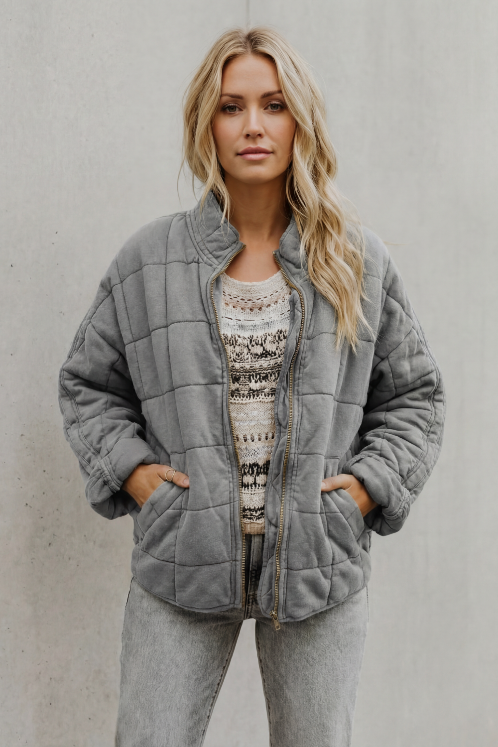 Evelina | Quilted Jacket Olive Green Oversized Zip-Up for Women