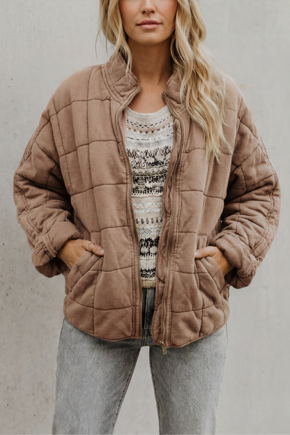 Evelina | Quilted Jacket Olive Green Oversized Zip-Up for Women
