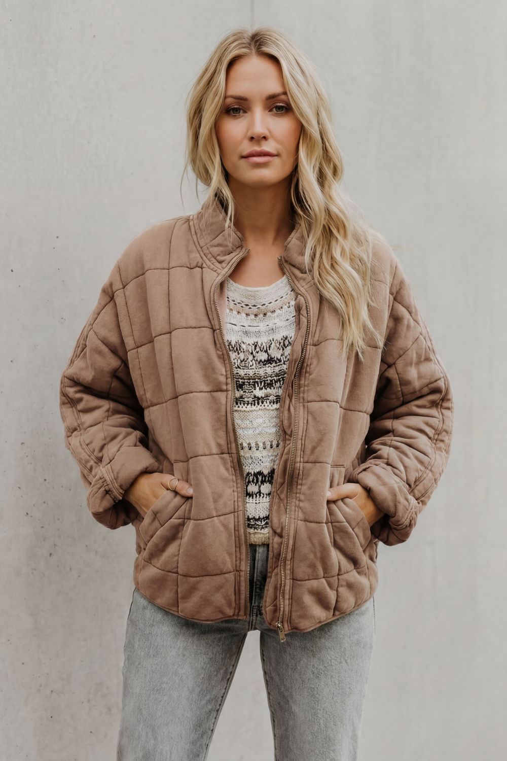 Evelina | Quilted Jacket Olive Green Oversized Zip-Up for Women