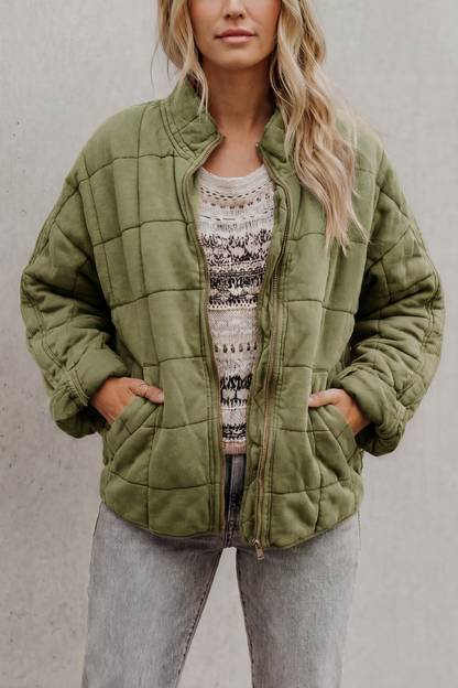 Evelina | Quilted Jacket Olive Green Oversized Zip-Up for Women