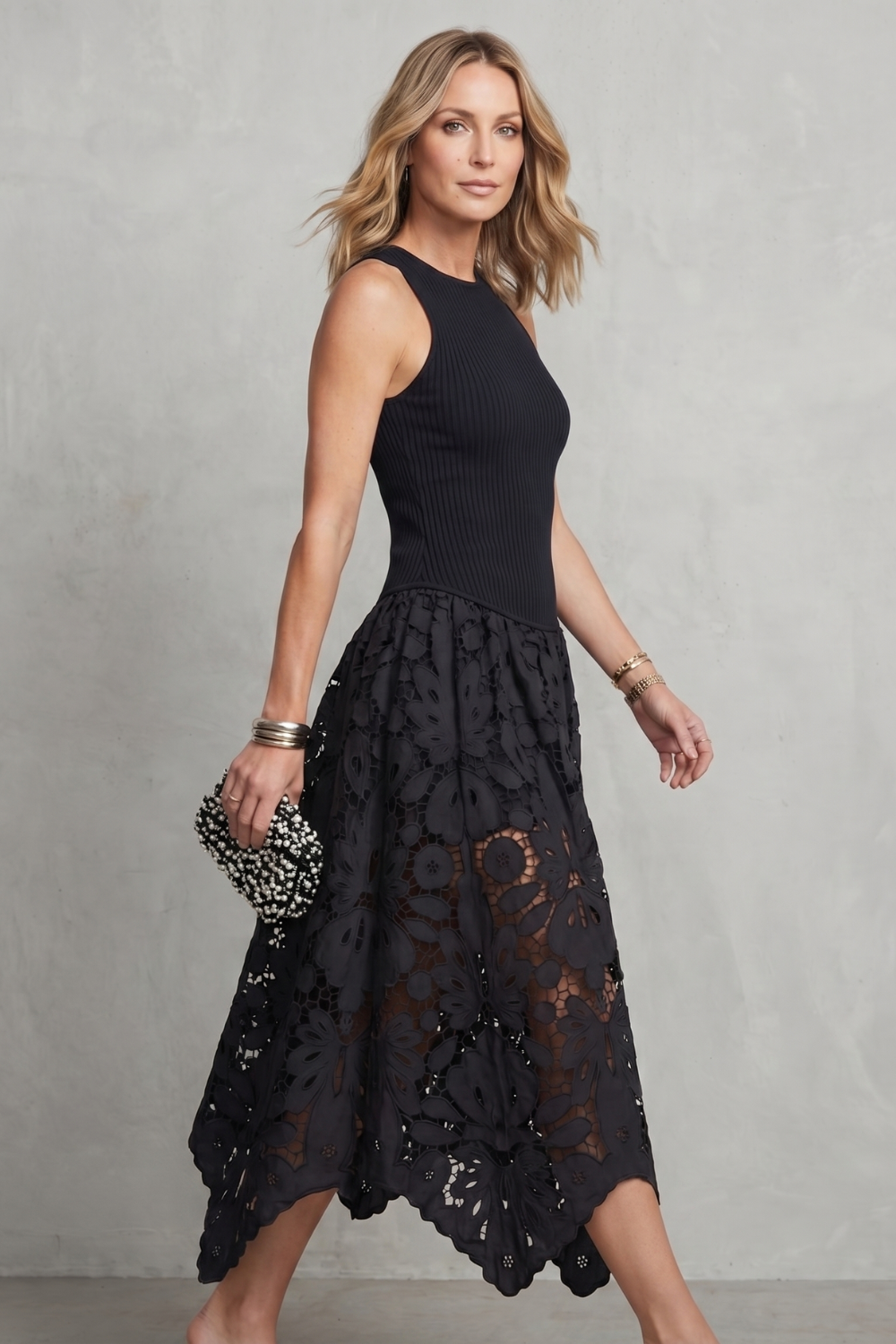 Rosalind | Midi Dress Black Ribbed Knit Guipure Lace Asymmetric Hem for Women