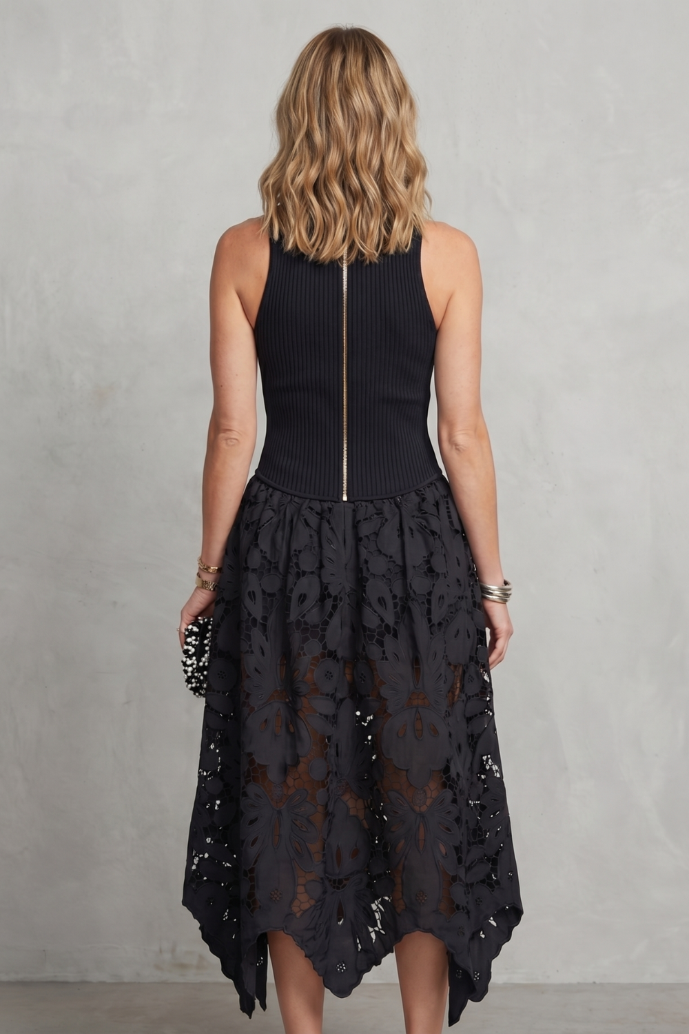 Rosalind | Midi Dress Black Ribbed Knit Guipure Lace Asymmetric Hem for Women