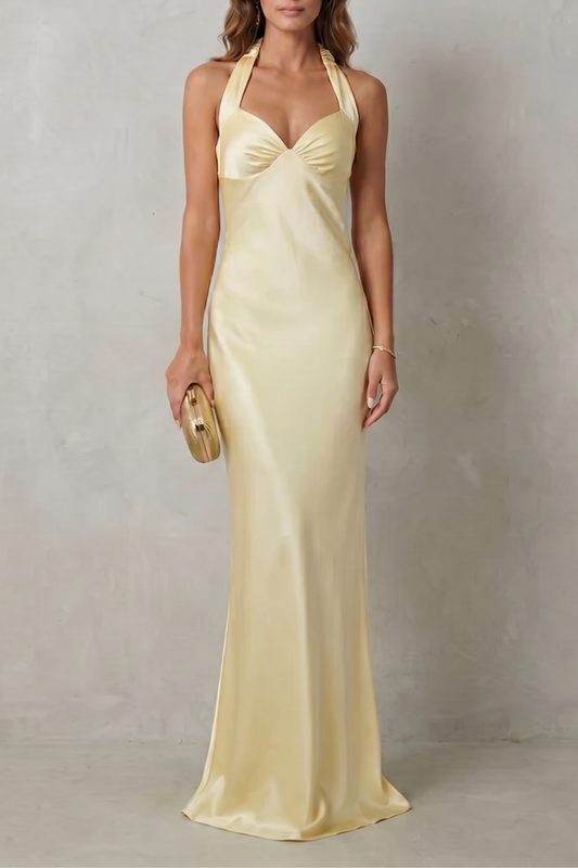 Phoebe | Maxi Evening Dress Butter Yellow Satin Halter Neck for Women