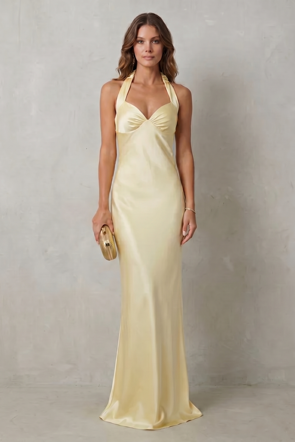 Phoebe | Maxi Evening Dress Butter Yellow Satin Halter Neck for Women